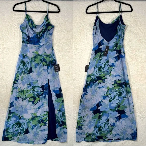 Lulus‎ Flowery Passion Blue Floral Print Cowl Neck Midi Dress Women’s Small NEW - Picture 2 of 14
